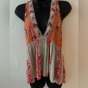 Free People coral, orange and Yellow Floral Top